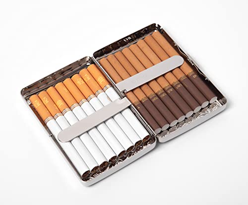 Classic Vintage Metal Cigarette Case/Storage Box, Can Hold 100’s 16 pcs (Light Silver)