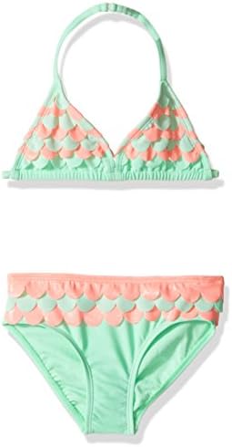 Hulu Star Little Girls' Toddler Mermaid Scallops Two Piece Bikini Swimsuit, Mint/Pink, 3T