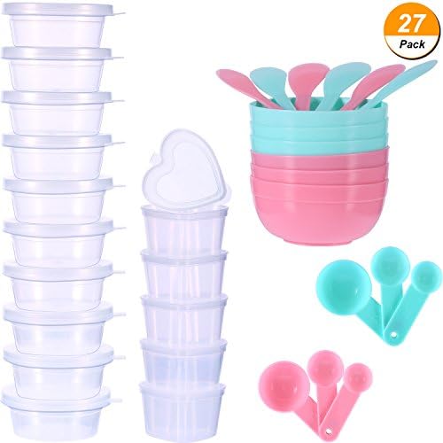 TecUinte DIY Slime Making Tools Kit, 6 Pieces Glue Mixing Bowls, 6 Pieces Glue Mixing Spoons, 2 Sets Measuring Spoon, 10 Packs Circular-shaped and 5 Packs Heart-shaped Slime Containers for Slime Makin