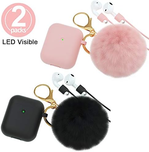 for Airpods Case, CTYBB Silicone Airpods Case Cover with Fur Ball Keychain Compatible with Apple Airpods 2/1 (Front LED Visible)