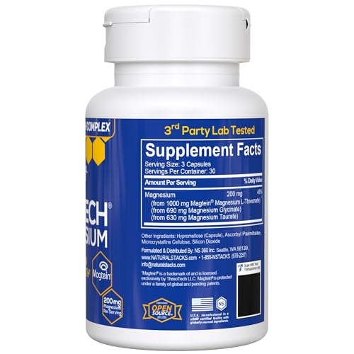 MagTech Magnesium Complex for Women & Men - 3 Forms of Magnesium: Glycinate, Magtein L-Threonate & Taurate - 200mg Chelated Complex - Support for Relaxation & Brain Health - 90 Glycinate Capsules
