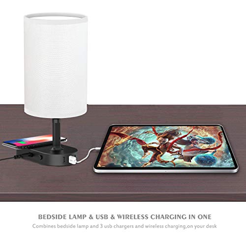 Qi Bedside Lamp COZOO USB Bedside Table & Desk Lamp with 3 USB Charging Ports and Qi Wireless Charging Pad,Black Charger Base with White Fabric Shade, LED Light for Bedroom/Nightstand/Living Room