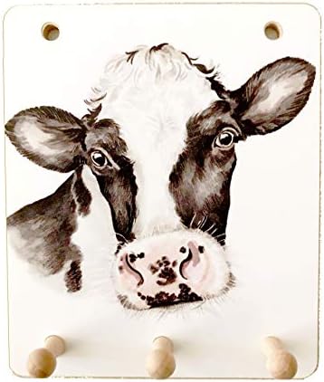 Cow Farm Lover Gift - UK Artist Christine Varley's beautiful 3 Hook Wooden Key/Lead Rack, measures H 6" x 5".