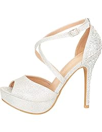 Cambridge Select Sandalia de tacón de aguja con plataforma de diamantes de imitación y tiras cruzadas para mujer