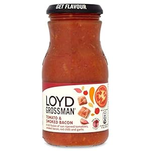 Loyd Grossman Tomatensaus & Gerookte Baconsaus 350g, Vergeet niet gerookt spek kaliumnitraatmedaillons kalkoen reuzel…