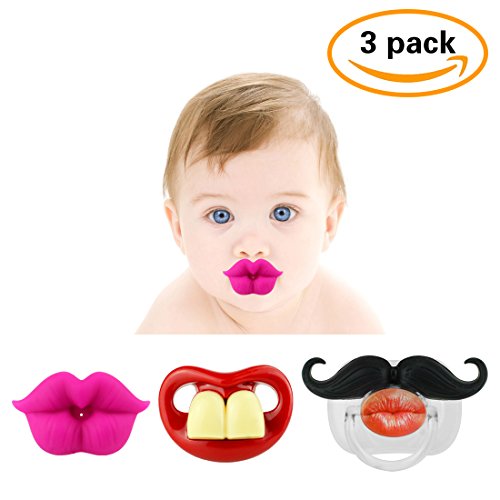 FUNNY BABY MUSTACHE PACIFIER: Cute baby pacifiers designed with adorable kiss lips, funny teeth and mustaches make them a perfect baby shower gift for small boys or girls!