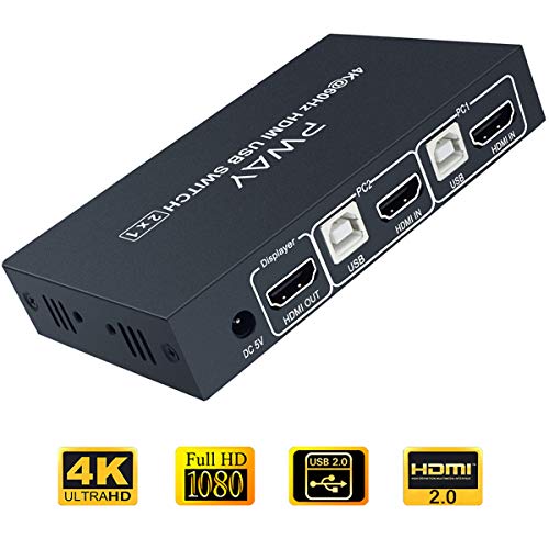2 Port KVM Switch HDMI 2X1, Ultra HD 4K@60Hz, Support USB 2.0 Hub and Wireless Keyboard and Mouse, Hotkey Switch with 2 HDMI and 2 USB Cables