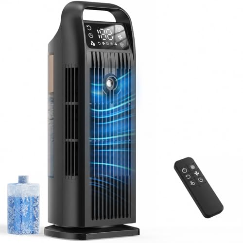Portable Air Conditioner with Remote Control, 5 in 1 Water Fan, 1.2L Evaporative Climater, Storm Button 7 m/s, 120° Oscillation, 12 Hour Timer, Low Consumption (Midnight Black)