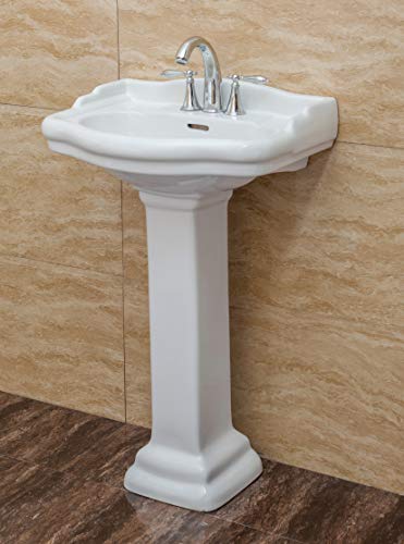 Fine Fixtures, Roosevelt White Pedestal Sink - 22 Inch Vitreous China Ceramic Material (4 Inch Faucet Spread Hole) - Thumbnail 4