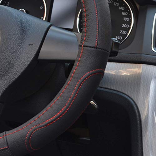Bestobal Car Steering Wheel Cover Genuine Leather, Universal 15 Inch, Black with Red Lines - Durable, Anti Slip & Odor-Free