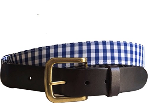 No27 Mens Nautical Gingham Tucker Blue Plaid Leather Belt, Leather Tab and Buckle, Plaid Leather Belt