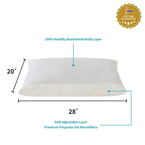 Lofe Buckwheat Hull Pillow for Sleeping with Organic Cotton Cover, Adjustable Loft of Premium Fiber Layer, Queen Size(20x28), Breathable for Cool Sleep, Cervical Support for Back and Side Sleepers