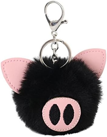 Key Ring Chain Faux Rabbit Fur Ball PomPom Cute Pig Car Pendant Handbag Key Ring Chain 15cm By kaifongfu (Black)