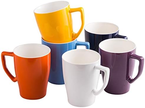 Porcelain Mug 15 Ounce Mug for Coffee Tea or Latte, 6 Bright Color Set, Ceramic Mug Set