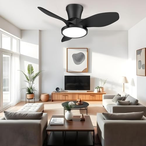 Ocioc Ventilador de techo silencioso con luz LED, motor CC de 32 pulgadas, control remoto de volumen de aire grande para cocina, recámara, comedor y patio