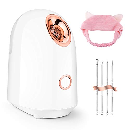 Facial Steamer, 150ml Super Large Water Tank Nano Ionic Hot Mist Moisturizing Face Humidifier Pores Cleanse Beauty Skin Care SPA Constant Temperature Ozone-free Nano Sprayer with Blackhead Acne Remover Kit and Hair Band