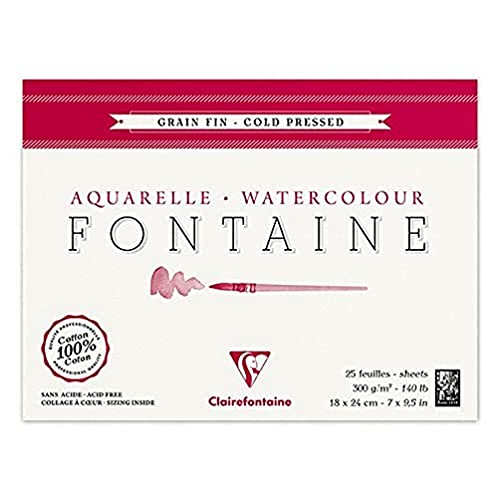 Clairefontaine - Ref 96413C - Fontaine Cold Pressed Watercolour Glued Pad (25 Sheets) - 18 x 24cm Size, 300gsm Paper - Suitable for Watercolour Artwork