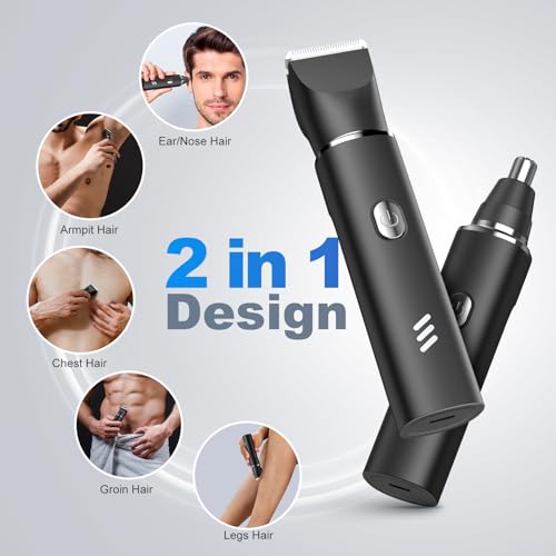 Body Trimmer for Men, 2-in-1 Body Groomer & Nose Hair Trimmer, Waterproof Mens Grooming Kit with Ceramic Blade Heads, Sensitive Combs for Chest, Legs, Armpits & Nose, Wet & Dry Use, Travel Lock