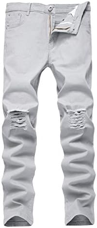 Men's Light Grey Skinny Ripped Slim Fit Stretch Designed Destroyed Denim Jeans