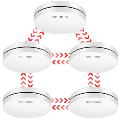 CPVAN Smoke Detector Networked 10 Year Battery with Adhesive Pad No Drilling EN14604 Tested Wireless Fire Alarm Complies with European Standard Fire Alarm Set of 5