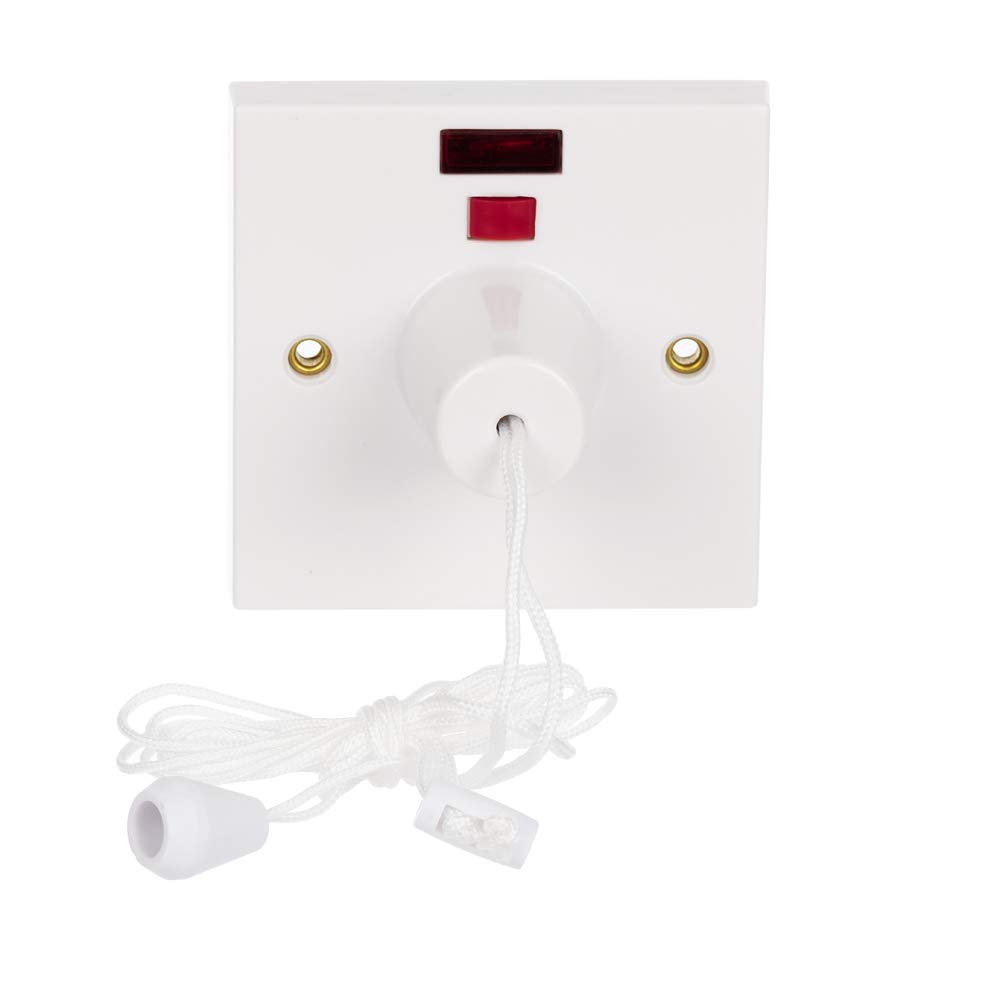 Invero Standard Ceiling Pull Cord Light Switch 2 Way 45 Amp with Neon Indicator - Ideal for Bathrooms and Utility Rooms - White