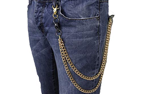 TFJ Men Gold Wallet Chain Links Biker Gothic Black Skull Charm Long 2 Strands