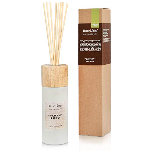 Home Lights Reed Diffuser Gift Set, Wooden Lid, Natural Scented Long Lasting Lemongrass Ginger Fragrance Oil for Home Office Gift Idea, Aromatherapy Air Freshener and Stress Relief, 200ml/6.76 fl.oz