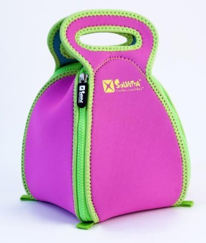 Convertible Neoprene Flatbox Lunch Box & Placemat for School, the Office and Travel - Machine Washable Lunch Tote for Easy Clean & Germ-free Meals; Regular Hot Pink / Green by Solvetta