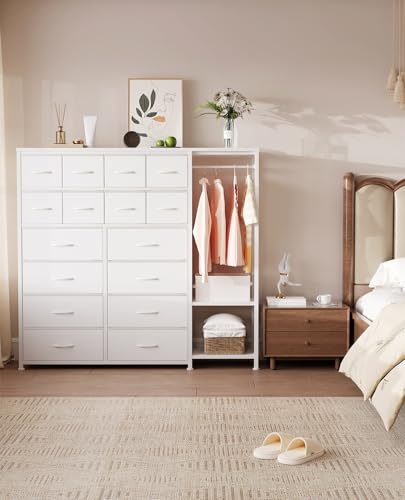 Garvee 16-Drawer Tall Dresser with Clothes Rack - Fabric Storage Chest for Bedroom, Closet Organizer with 2 Shelves & Adjustable Dividers | Vertical Space-Saving Design, White