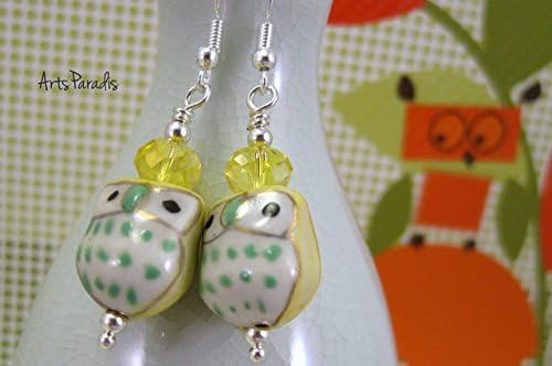 Yellow and White Ceramic Owl Dangle Earrings by ArtsParadis