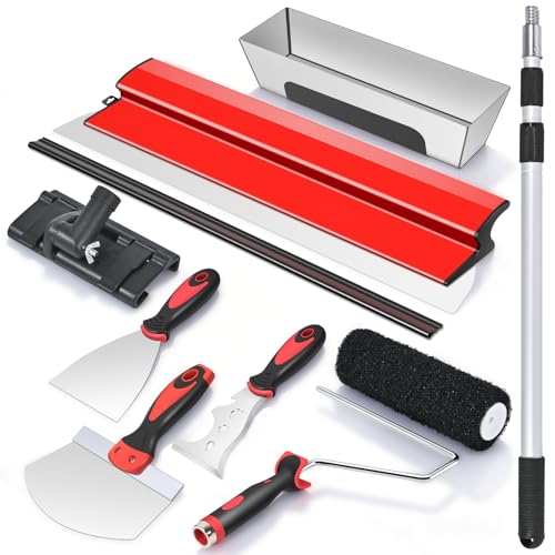 suokoun Flächenspachtel Set, a 60CM Flächenspachtel, a Spachtelkasten aus Edelstahl, a 23CM Spachtel Walze, a 70-158CM Verlängerungsgriff and Three Sp