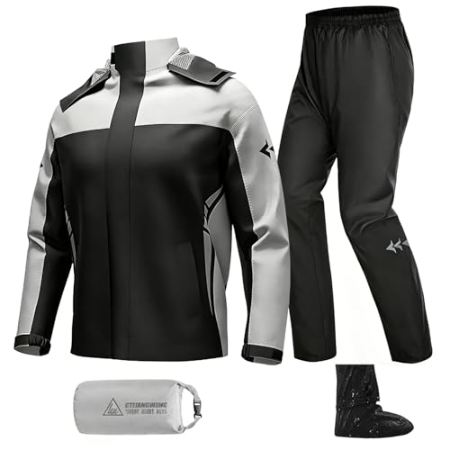 BTOOTB Traje Impermeable para Lluvia Motociclista, con Capucha y Cubrezapatos, Impermeable para Moto de Hombre y Mujer, Ligero y Transpirable, para Motociclismo, Ciclismo y Exteriores