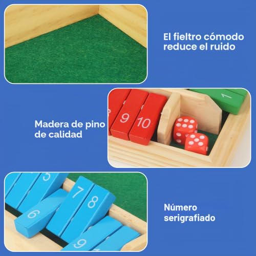 Shut The Box Wooden Dice Set, 22 x 22 x 4 cm, Folding Table Game for 4 Players, Multicolor with Numbered Strips for Bars, Parties, Families and Interactive Parent-Child Games