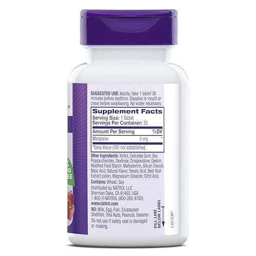 NATROL FAST DISSOLVE MELATONIN 5 MG, MELATONIN SUPPLEMENTS FOR RESTFUL SLEEP, SLEEP SUPPORT FOR ADULTS, 30 STRAWBERRY-FLAVORED TABLETS, UP TO A 30 DAY SUPPLY