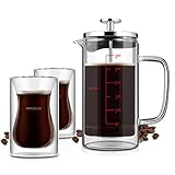 AMFOCUS French Press Coffee Tea Maker with 2 Espresso Cups | Double Wall | Stainless Steel Plunger,350ml/10oz