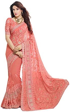 Indian Sarees for Women Designer Party Wear Traditional Peach Sari.
