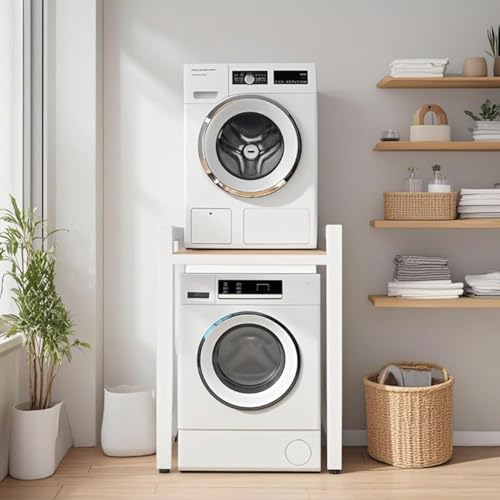 Dryer Stand Height Adjustable, Portable Stacking Kit for Front Loader Washing Machine & Tumble Dryer, Storage Rack Over Washing Machine Storage Unit, 400kg Load Capacity BlackFrame White