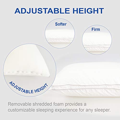 Lunvon Queen Adjustable Shredded Gel Memory Foam Home Bed Pillow for Sleeping Luxury Ventilated Washable Cooling Hypoallergenic Cotton Cover Protector CertiPUR-US Certification for Your Health, White