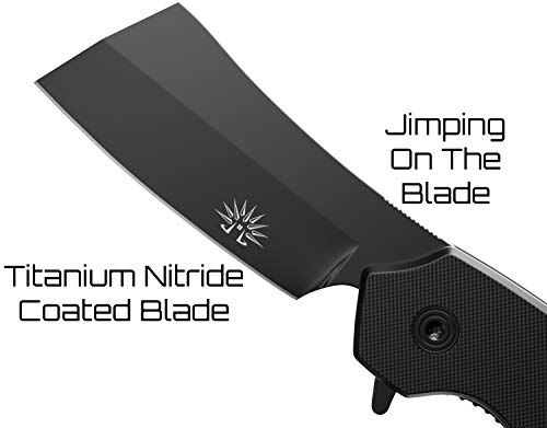 Off-Grid Knives - OG-950XB Cleaver Compact Blackout - Hard Use Legal Carry EDC Folding Knife, Safety Grid-Lock Turns This Folder Into a Fixed Blade, Cryo AUS8 Blade with TiNi, G10, Tip-Up Deep Carry