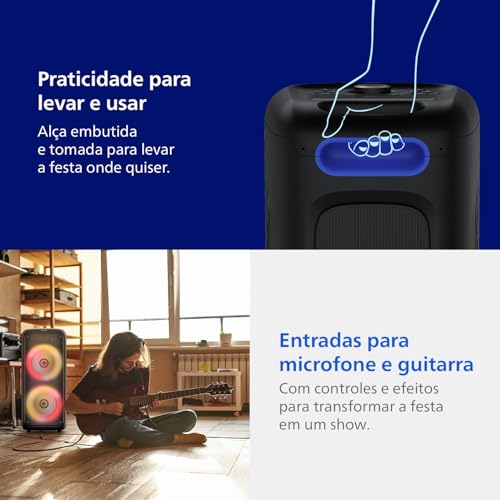 PHILIPS, Caixa de Som Bluetooth Party Speaker, TAX4000/78, com Luzes LED, entradas USB, Auxiliar, Microfone/Guitarra e Alça para Transporte