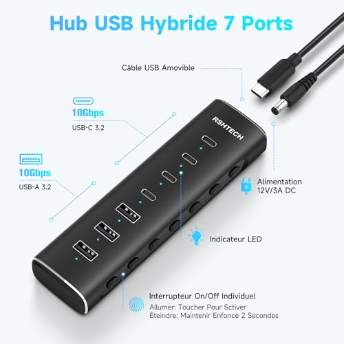 RSHTECH 36W USB C Powered Hub, 7 Ports (4C+3A) Aluminum USB-C 3.2 10Gbps Data Hub with 12V/3A AC Adapter and Detachable Cable 3.3 Feet