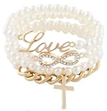 2 Pieces of Ivory White & Goldtone Iced Out Infinity Sign Charm with Script Love Cross & Chain Bundle Stretch Bracelet