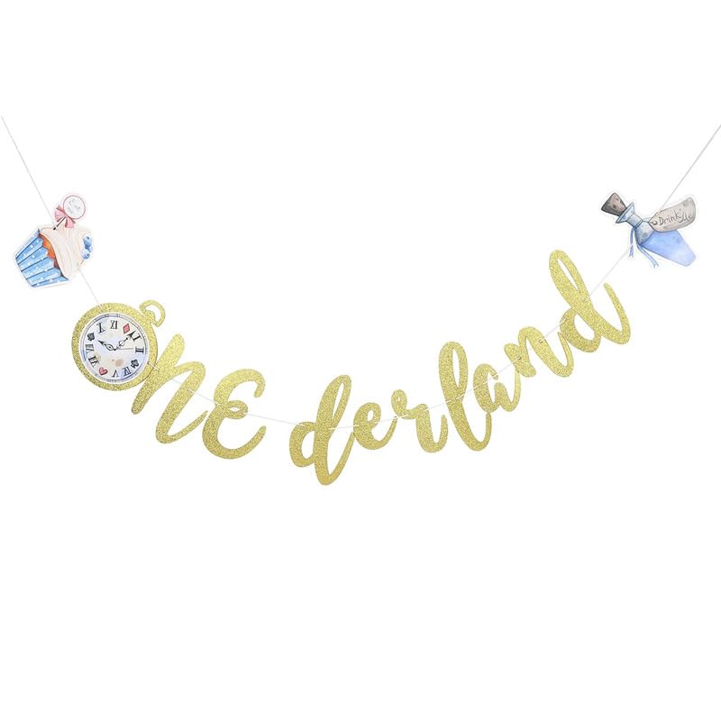 Photo 1 of Alice in One derland banner First Birthday Decorations Baby Girl 1st Birthday Banner for Alice in Onederland Theme Dessert Bar Bunting