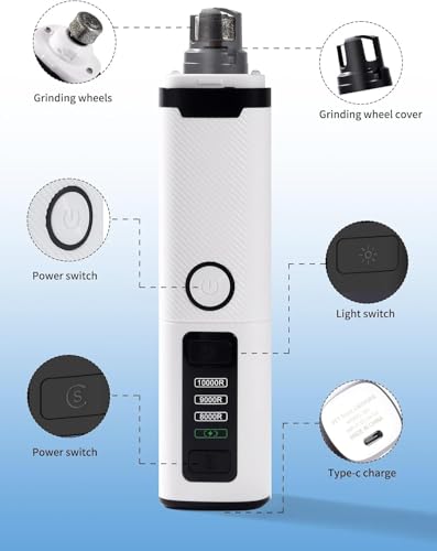 2025 Upgraded Cat Dog Nail Grinder, Quiet Electric Pet Nail Clipper with LED Light & 3 Speeds, Safe Rechargeable Nail Trimmer for Suitable for Large Medium Small Dogs and Cats Pets (White)