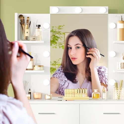 TEENFON Vanity Desk with 6 Drawers, 6 Open Shelves, Makeup Vanity with Mirror and Lights, Dressing Table with 3 Lighting Color Adjustable, Bedroom, White