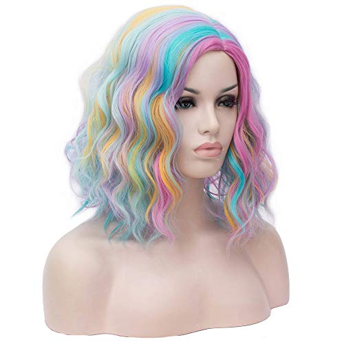 MAGQOO Rainbow Wig Side Part Short Curly Wavy Hair Wigs Synthetic Heat Resistant Cosplay Costume Party Wigs (Rainbow, Women Girls)
