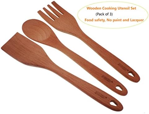 Wooden Cooking Utensil, Cooking Spoons,Shoveled Fork, Spatula,NO Paint / NO Lacquer/ NO BPA, Real Food Safety, Pack of 3