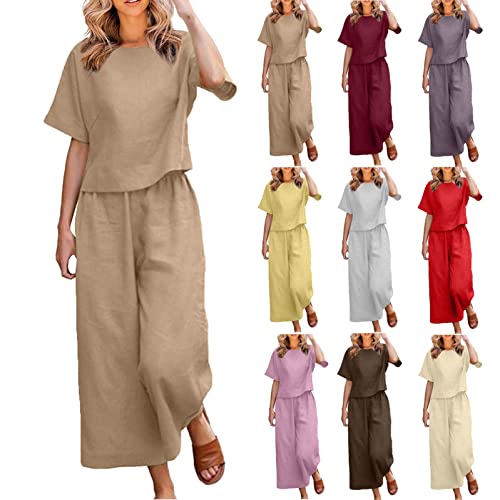 MXTPOV Women 2 Piece Lounge Set plus size short sleeve tops wide leg pants Linen Sets Summer Beach Vacation Trendy Clothes Khaki 2 pc sets women outfit S
