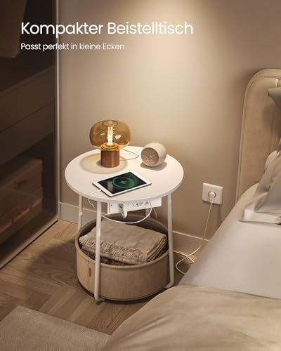 LILEA Kollektion - Beistelltisch rund, Kleiner Tisch, Couchtisch mit Steckdose, Wohnzimmertisch, Korb aus Stoff, Stauraum für Wohnzimmer, Nachttisch modern, mattweiß-Kamelbraun LET228W02