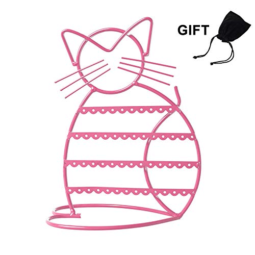 Okllen Cat Shaped Earring Holder Stand | Metal Jewelry Organizer With 46 Holes For Stud Earrings, Pink